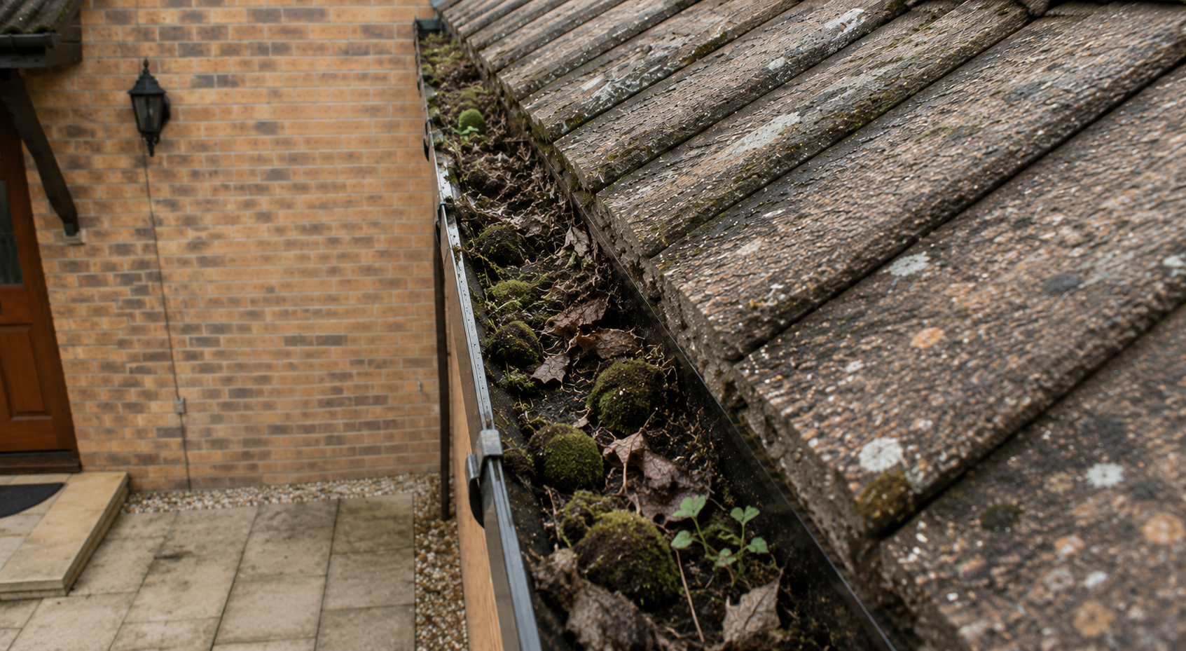 Before gutter cleaning — compacted autumn leaf debris and silt blocking a Birmingham gutter channel