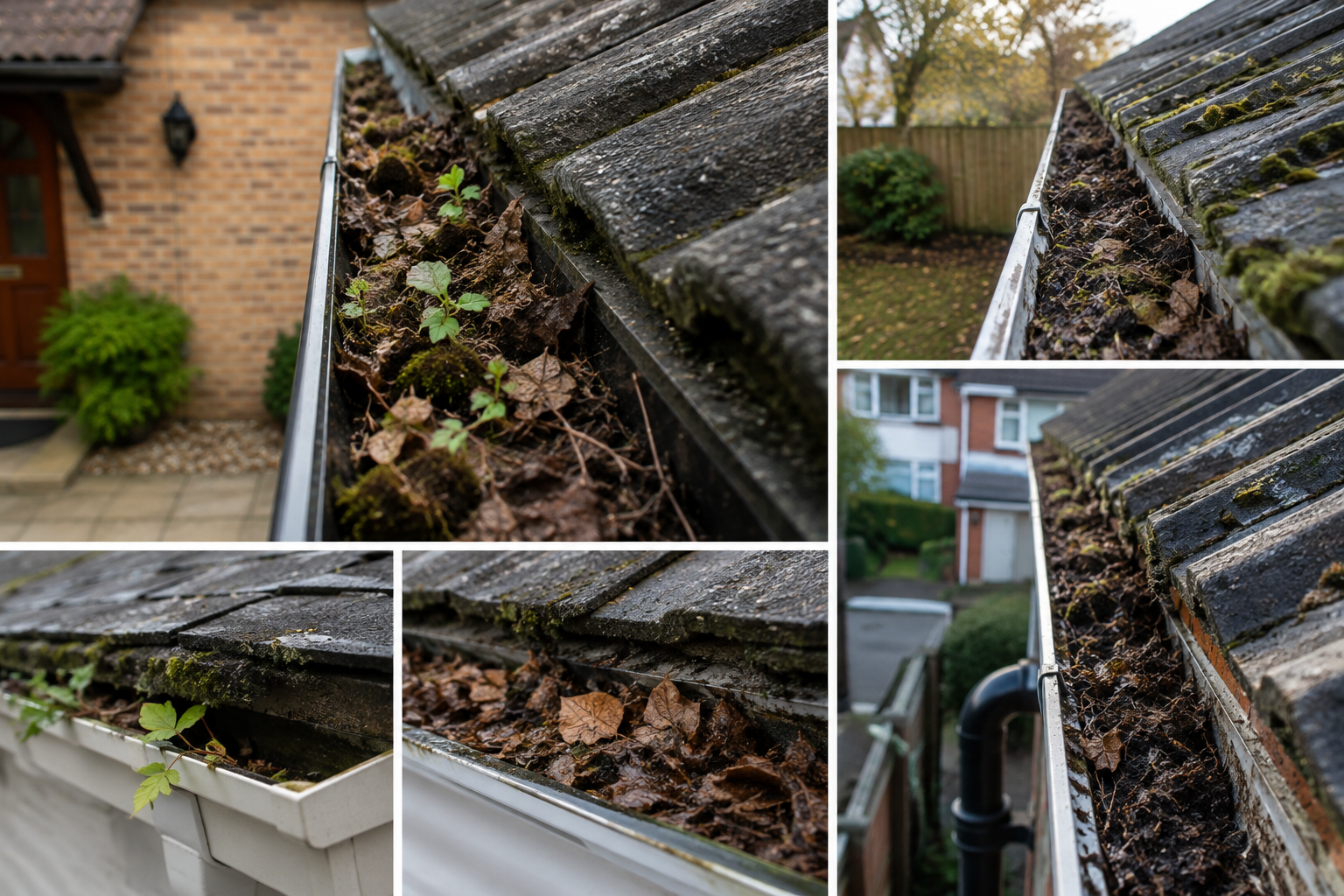 Autumn leaves being removed from a Birmingham gutter — different tree species create genuinely different severity of leaf fall impact
